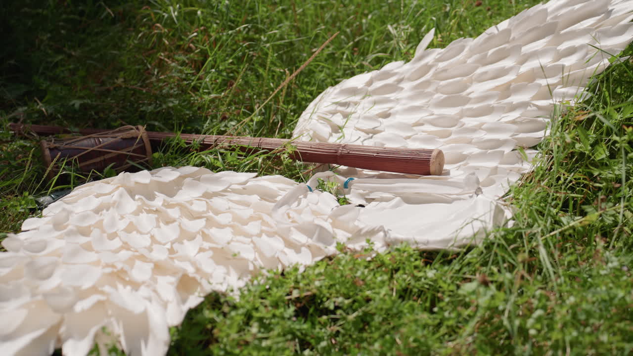 Goddess wing lying gracefully on soft green grass with wooden staff resting on white feathers, illuminated by gentle sunlight, symbolizing divinity, purity, and celestial power