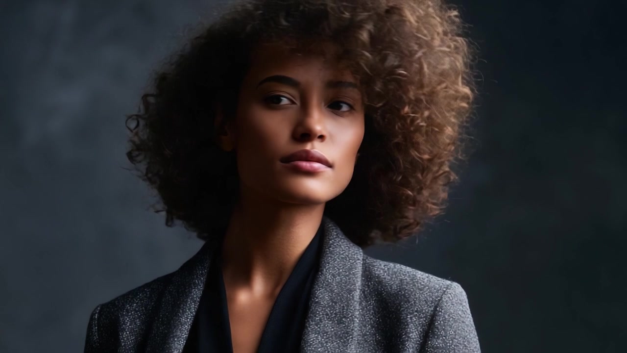 A Captivating Portrait of a Woman with Majestic Curly Hair, Showcasing Elegance and Confidence in a Stunning Gray Suit Against a Dark Background