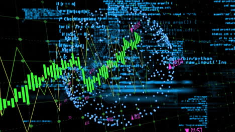 financial data and stock market analysis animation over digital coding background