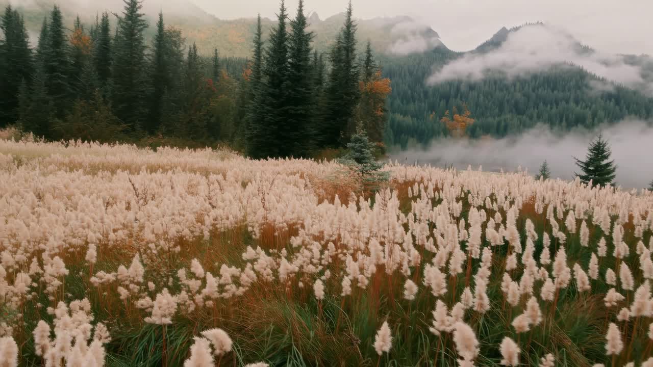 A serene landscape video captures a field of fluffy plants with a low-angle view