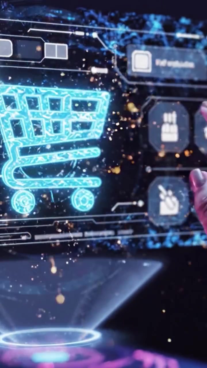 Una interfaz futurista de carrito de compras digital mostrada a través de tecnología holográfica, ilustrando la evolución de las experiencias de comercio electrónico en el comercio minorista moderno