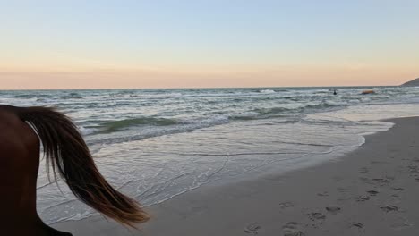 person riding a horse along the shoreline at dusk