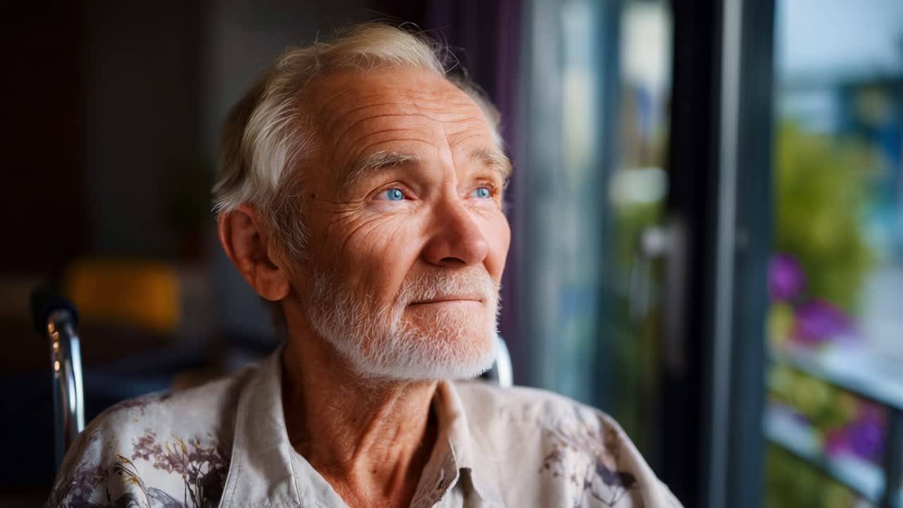 Un uomo anziano pensieroso guarda fuori dalla finestra, riflettendo sui momenti e sui ricordi della vita in un ambiente confortevole, mostrando il suo sorriso caloroso e il suo comportamento saggio