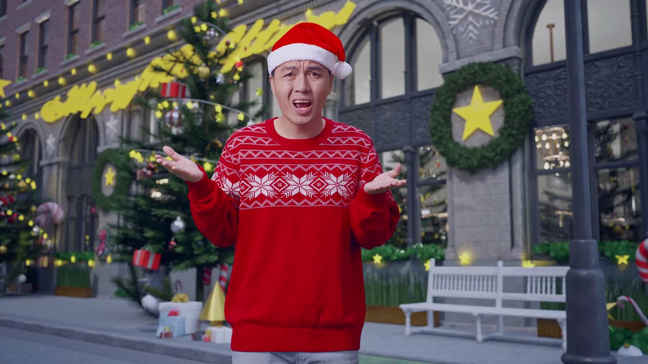 크리스마스 스웨터를 입은 혼란스러운 남자