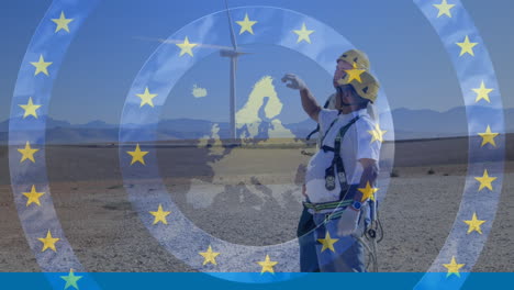 animation of stars and blue of eu flag and map of europe over engineers and wind turbine