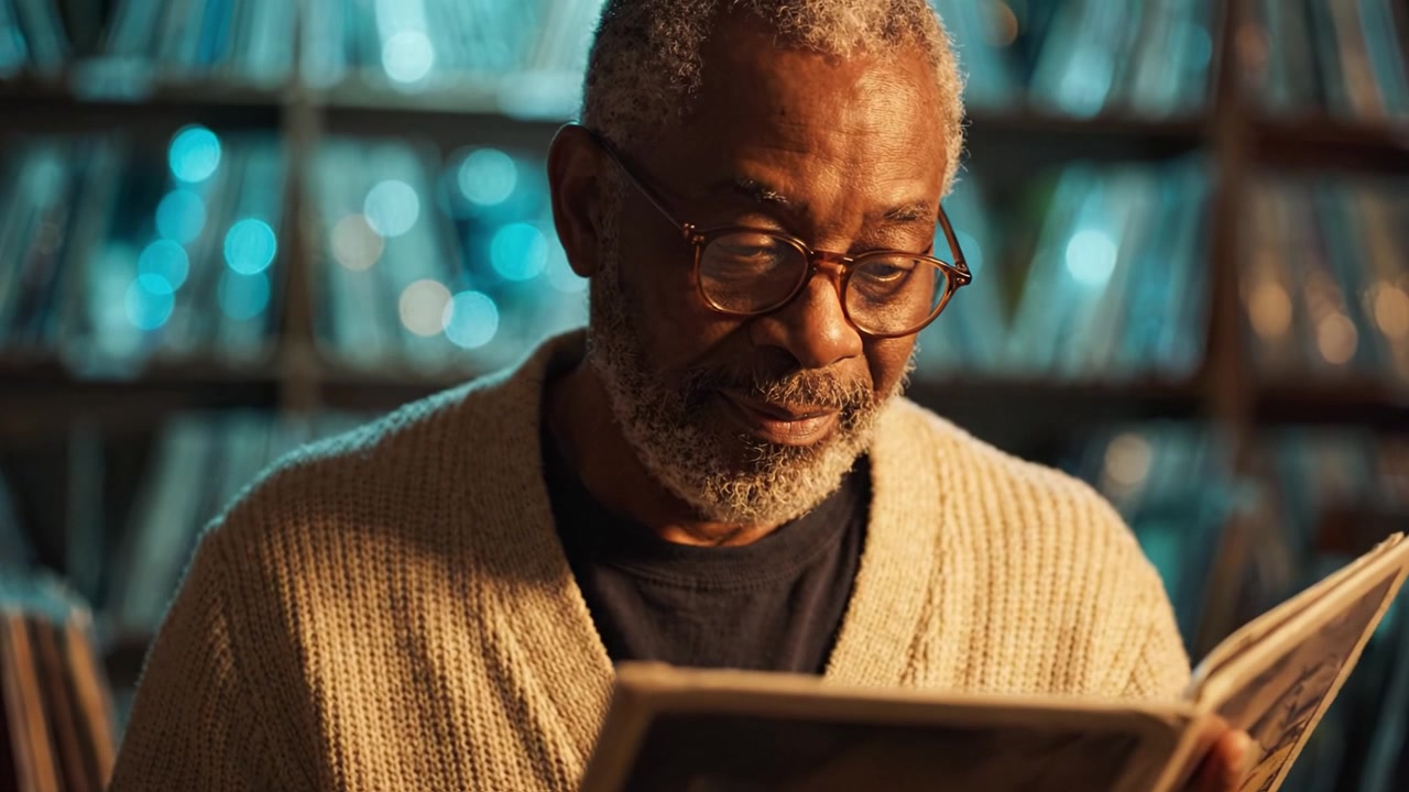 An elderly gentleman enjoys reading through a collection of vinyl records, immersing himself in the nostalgia of music and memories in a cozy, curated space.