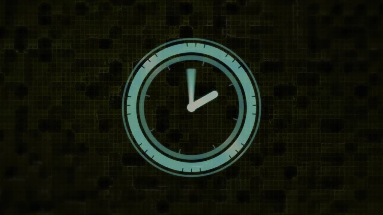 Animation of clock ticking over flickering digital background