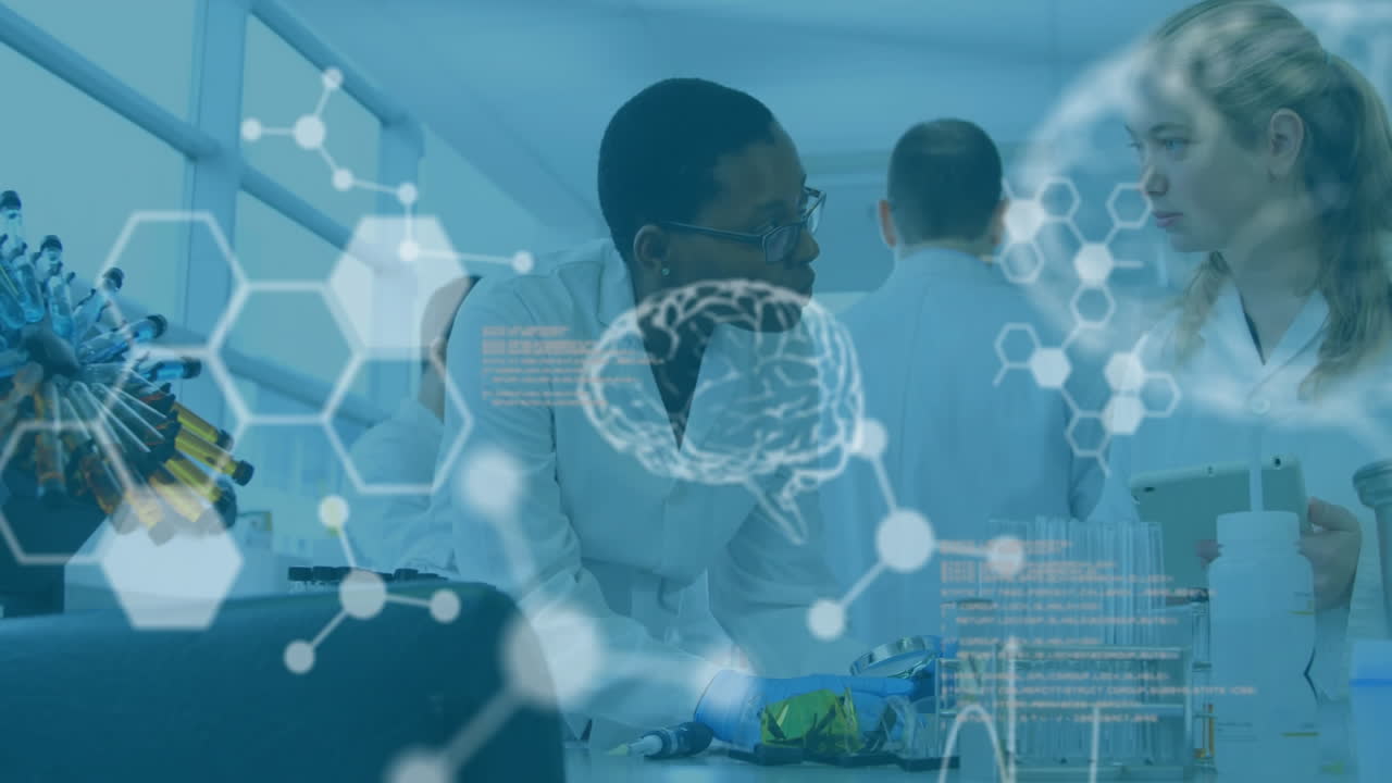 Animation of scientific data processing over diverse scientists in laboratory