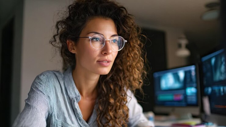Professionista della creatività concentrato che lavora al computer, impegnato nel montaggio video con diversi schermi che mostrano contenuti grafici in un moderno ambiente di lavoro