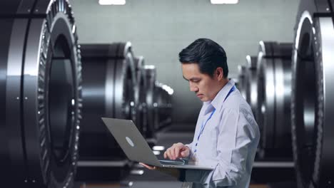 ingeniero trabajando en una computadora portátil en una fábrica