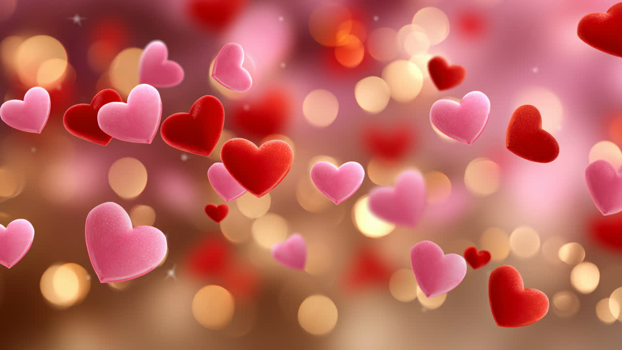 Colorful hearts floating through the air. Hearts in various shades surround a soft, glowing background, creating a cheerful and romantic atmosphere