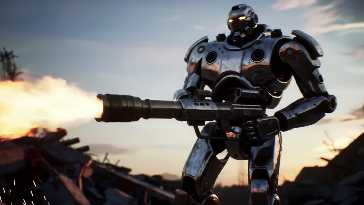 Fierce Mechanical Warrior Engaging in Battle Against Ruined Landscape, Showcasing Advanced Technology and Destruction with Dynamic Action and Intense Combat Scenes