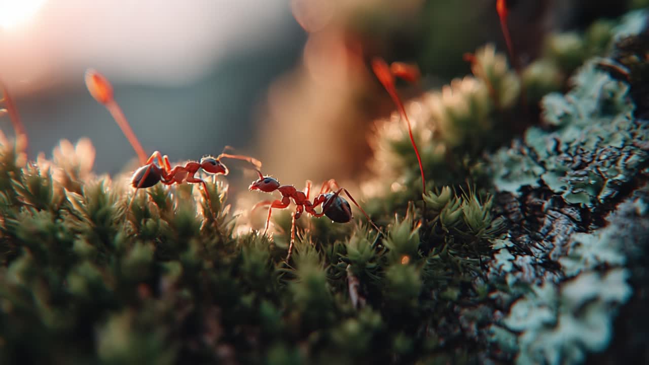 En närgången utforskning av myror på livfull mossa, som visar deras invecklade beteenden och naturens skönhet i en naturlig miljö