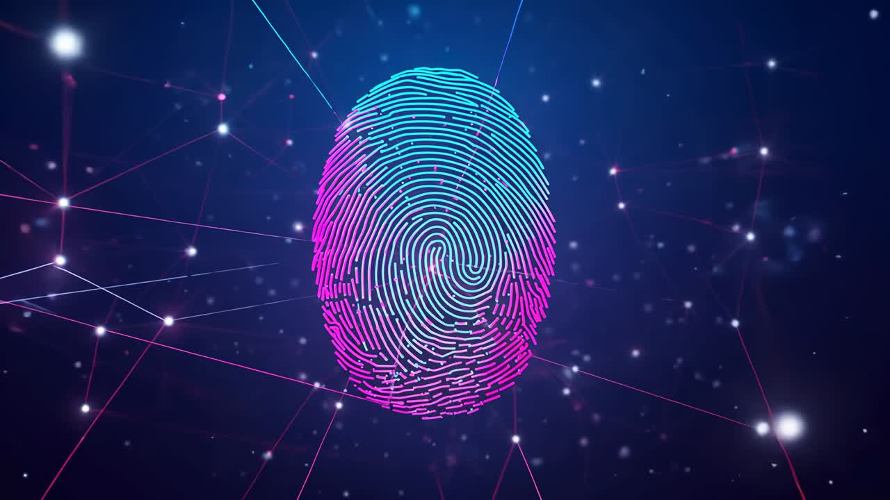 On start fading in cyan-magenta fingerprint icon in navy-blue network grid, linking glowing nodes