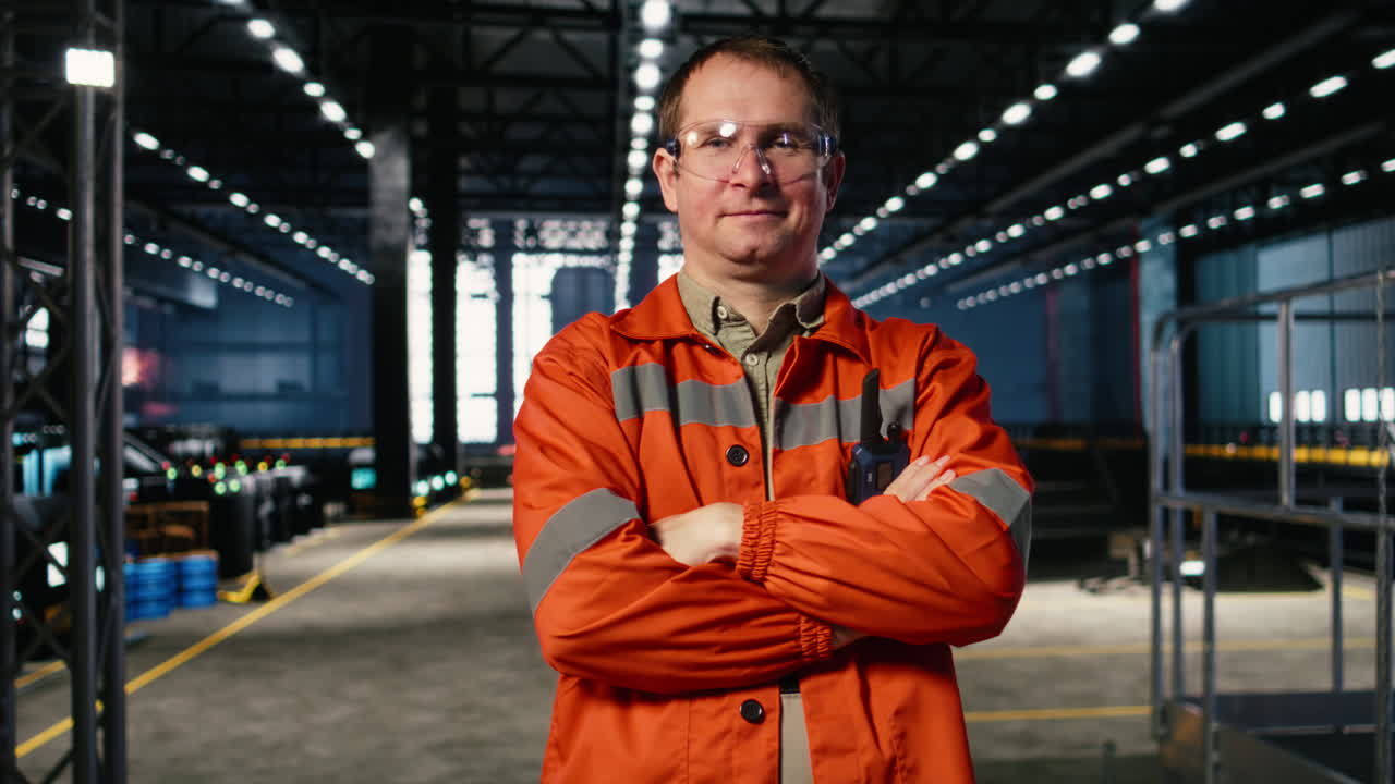 Personale industriale ispeziona attrezzature in acciaio sul pavimento di una fabbrica indossando dispositivi di protezione