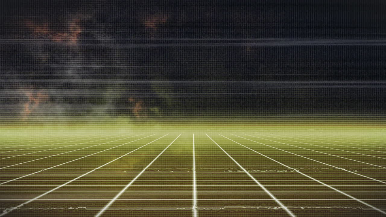 White grid plane being animated, glowing perspective lines receding into retro digital horizon