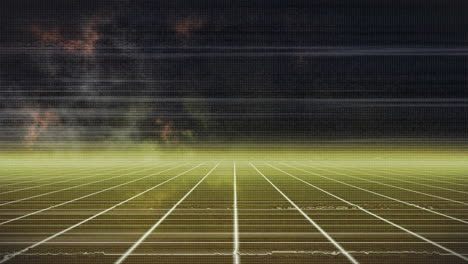 white grid plane being animated, glowing perspective lines receding into retro digital horizon