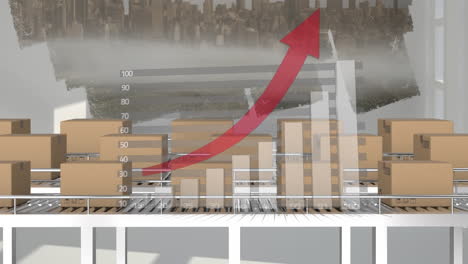 animation of statistics processing over cardboard boxes on conveyor belts