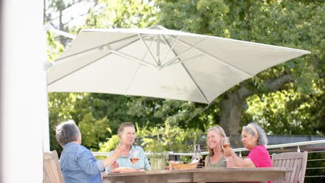 senior diverse group of women enjoy a meal outdoors, with copy space