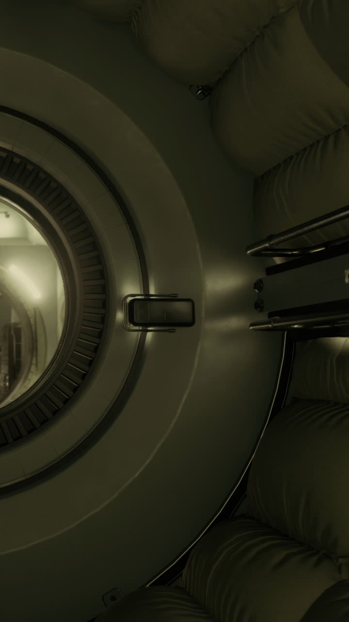 Esplorazione all'interno di un modulo spaziale in un ambiente futuristico di notte.