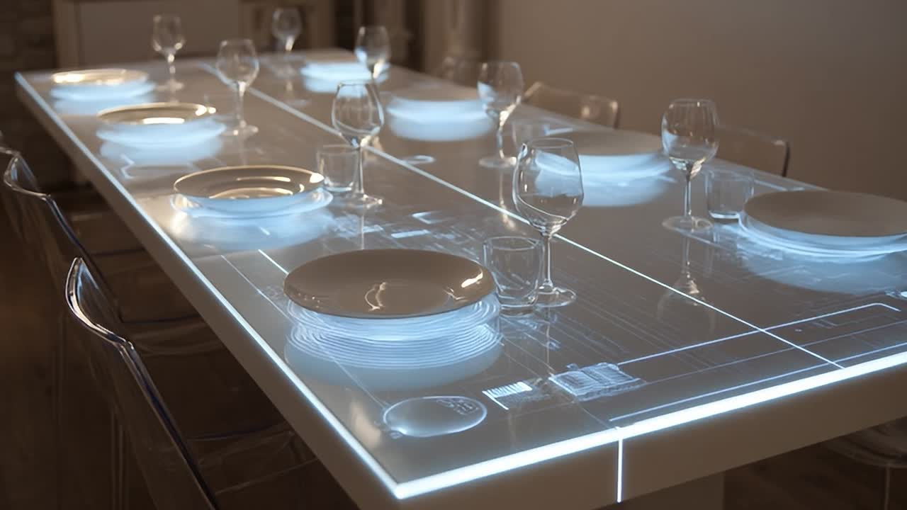 Modern dining table setup with glowing elements for evening gathering