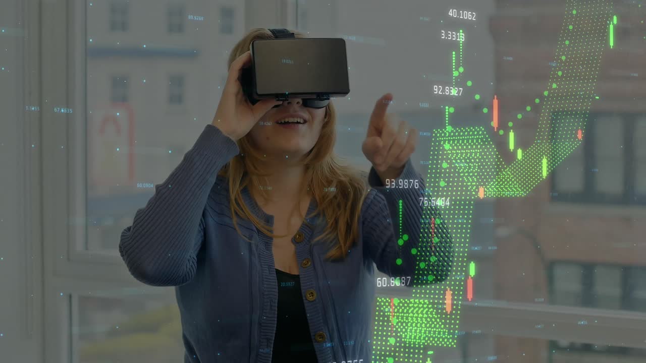 animación de un hombre de negocios con auriculares vr y procesamiento de datos sobre dibujos matemáticos de laboratorio.