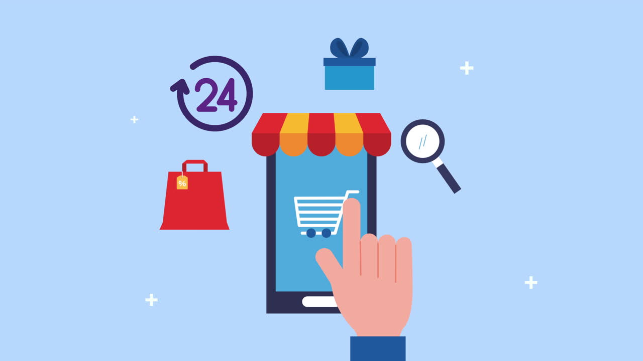 전자상거래 아이콘으로 스마트폰을 사용하는 손