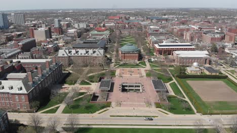 aerial view of a large university campus on a sunny day