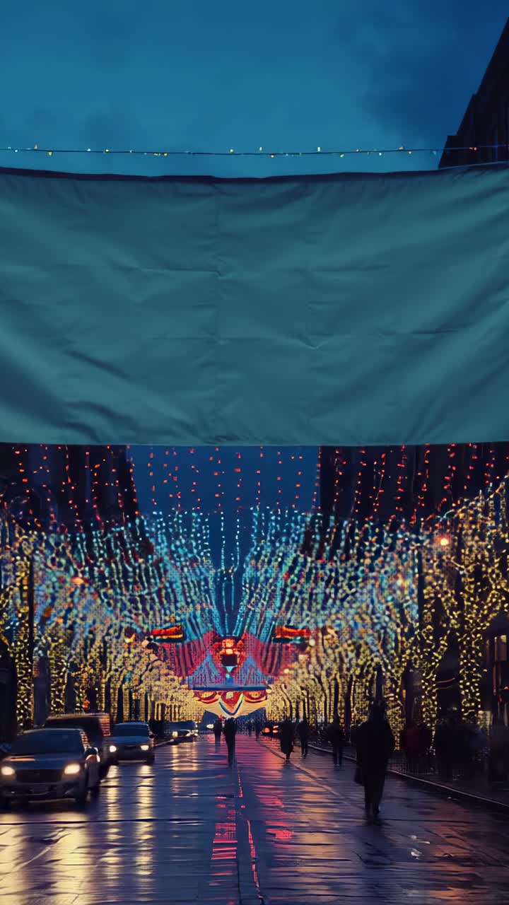 Vertical video: After rain, walkers in coats strolling on wet city street at dusk with LED lights