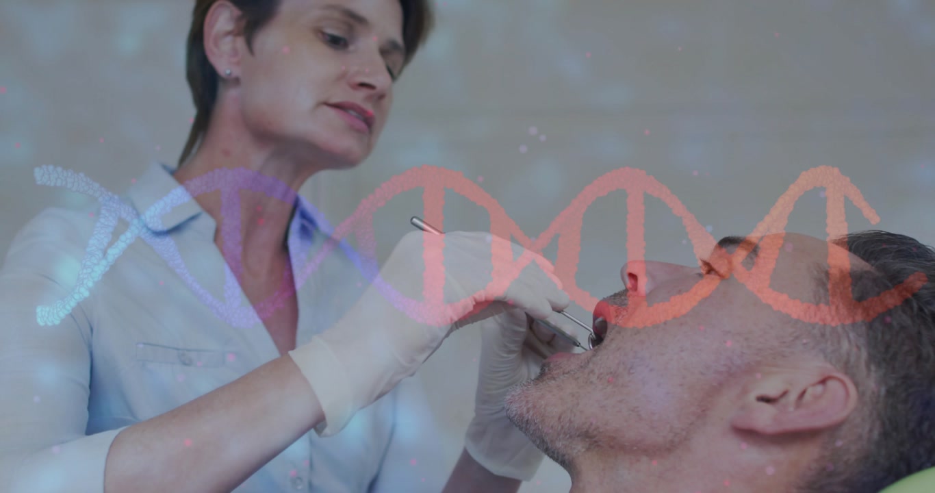 Patient opening mouth, dentist probing teeth, checking oral health while DNA helix overlay growing