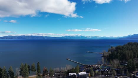 drone shot panning to the right over looking lake tahoe and tahoe city