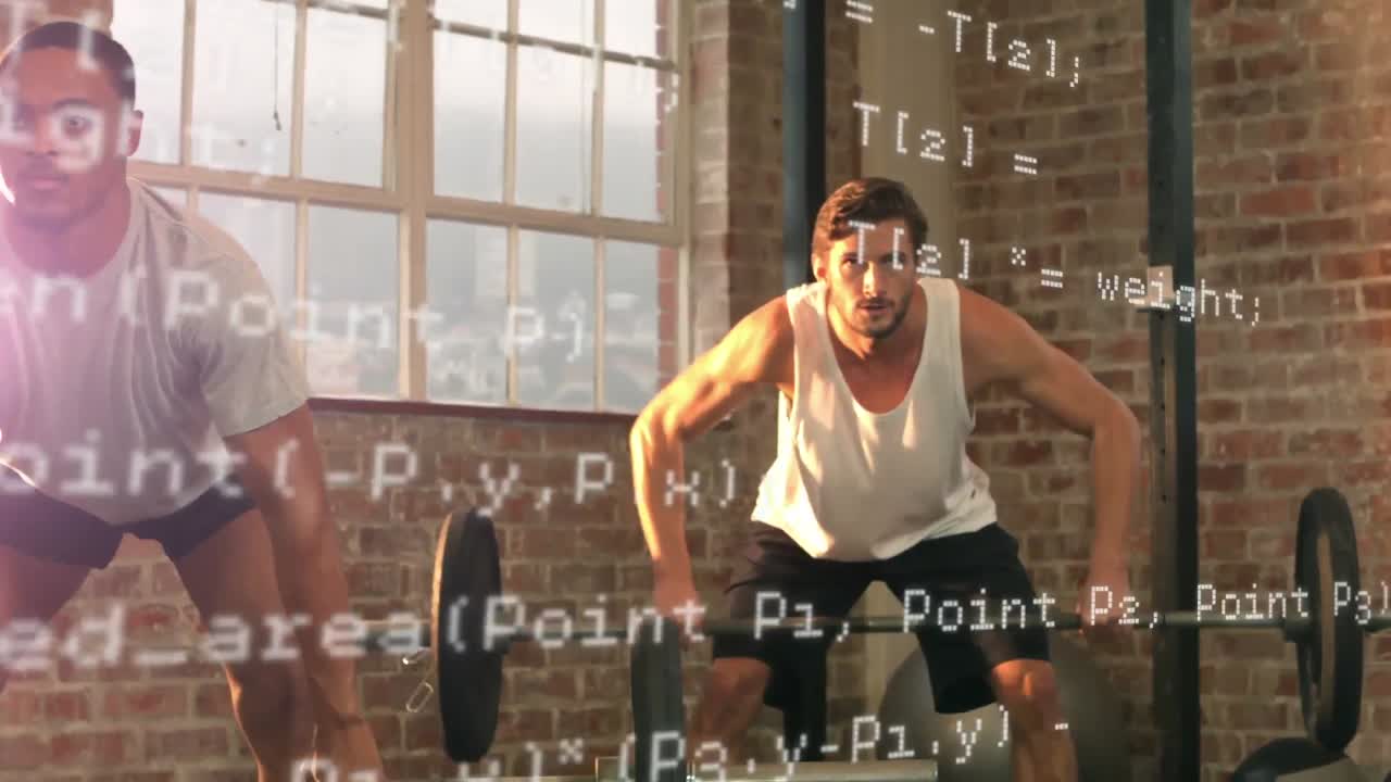 códigos de interfaz y hombres levantando pesas