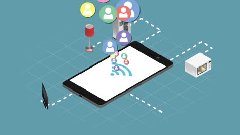 animación de teléfono inteligente con una red de iconos de diseño de interiores