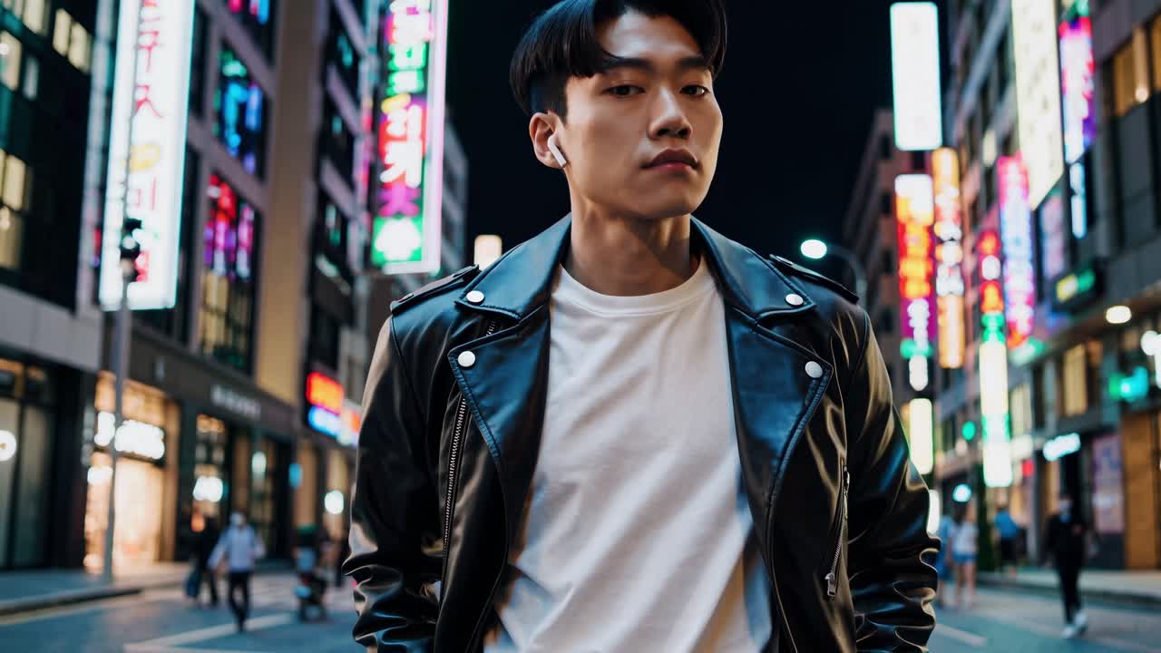 Young man in stylish leather jacket walks confidently through vibrant city streets at night, illuminated by colorful neon lights, showcasing urban nightlife