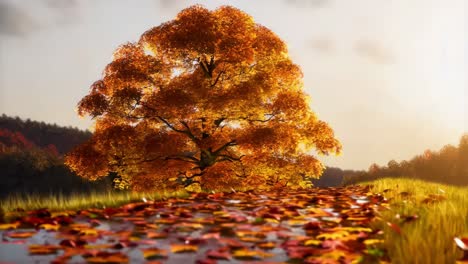 autumn scene with colorful tree and leaves