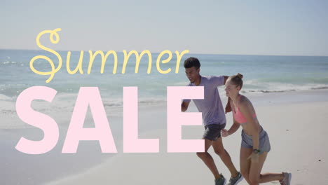 running on beach, couple enjoying summer over summer sale text