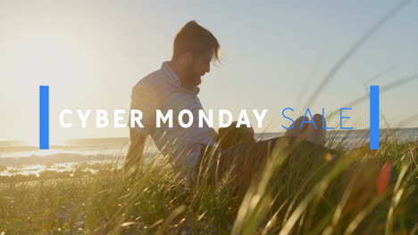 animation of cyber monday sale text over caucasian couple lying at beach