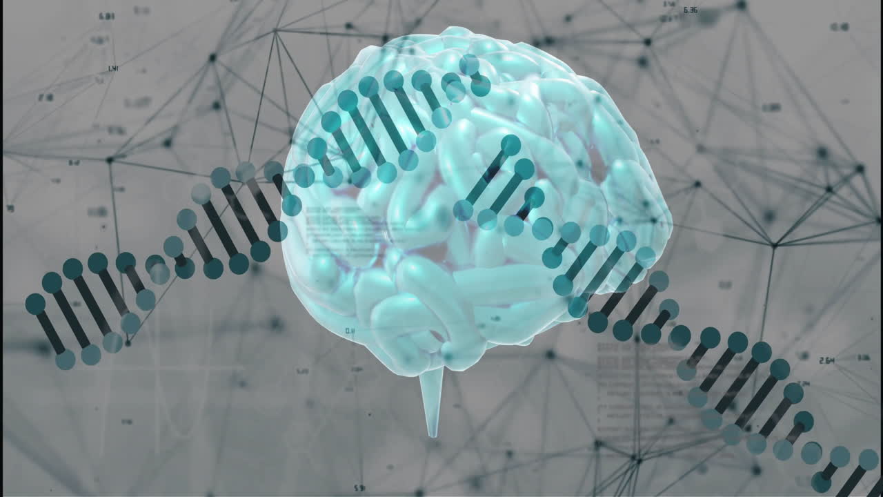 Brain animation with DNA strand and network connections in background