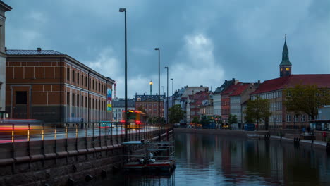 Copenhagen-Sunset-Timelapse:-Old-Town,-River-Traffic-&-European-Architecture