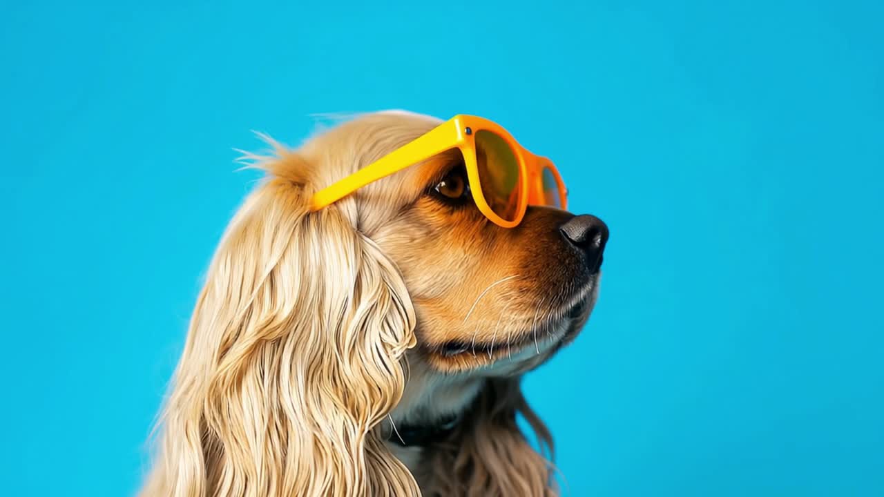 Close up of a cute brown spaniel dog wearing yellow sunglasses on a vibrant blue background, creating a funny and stylish summer pet portrait