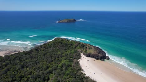 idyllic landscape of cook island and fingal headland in new south wales, australia - aerial shot