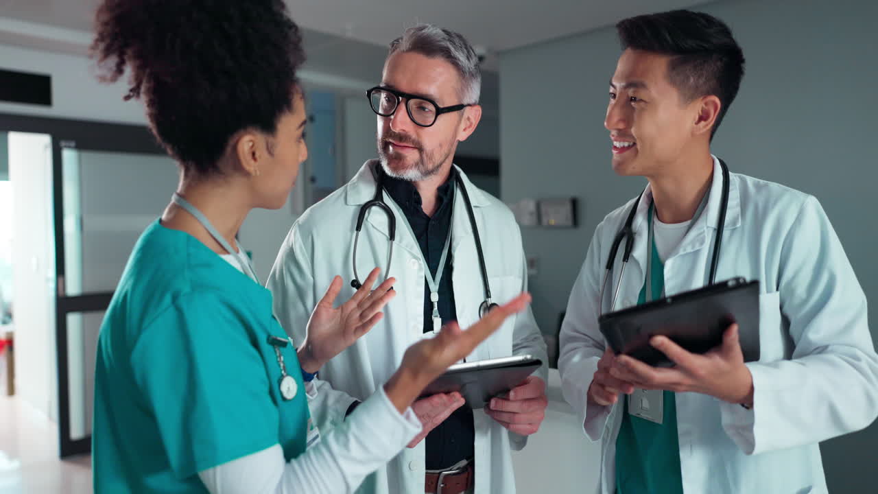 Doctors, nurses and tablet with hospital success