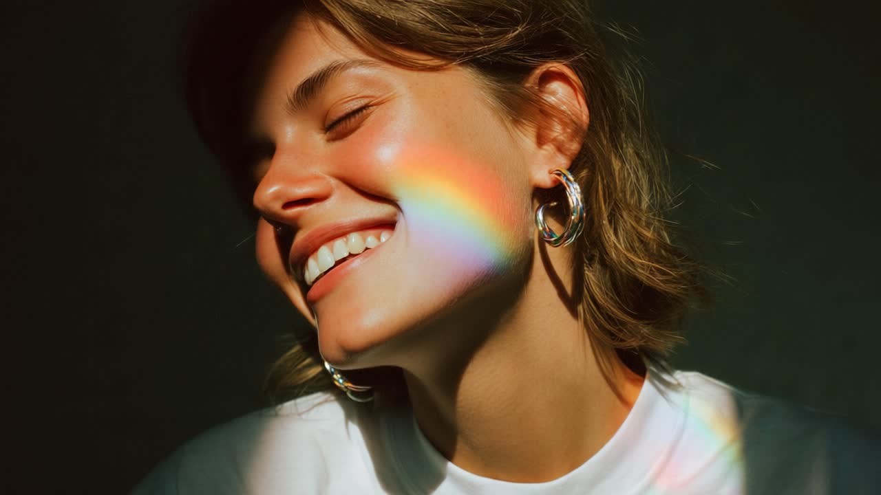 A Joyful Moment Captured: Radiant Smiles and Colorful Reflections on a Face Illuminated by Soft Light in a Portrait That Exemplifies Happiness and Warmth Through Playful Highlights