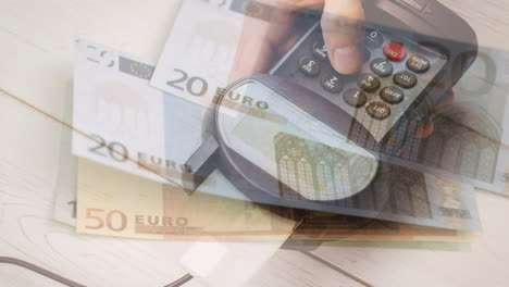 animation of euro banknotes falling over hand of caucasian man holding payment terminal