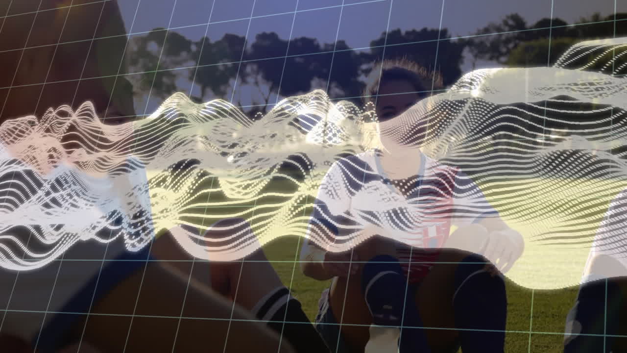 Wavy line animation over people sitting on grass in outdoor setting