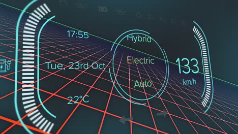animación de carga del velocímetro con textos y números sobre el patrón de cuadrícula contra fondo negro