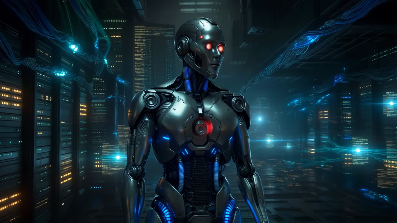 Futuristic Robot in a Cybernetic Data Center