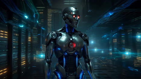 futuristic robot in a cybernetic data center