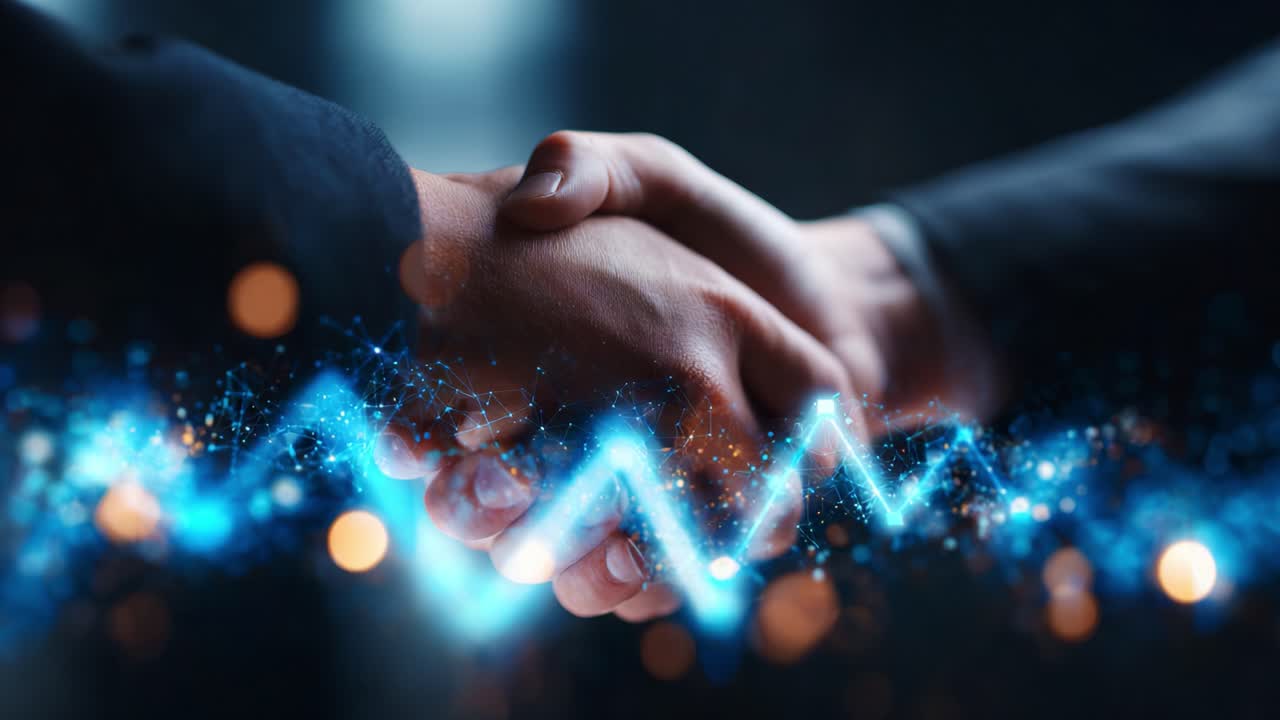 A Dynamic Exchange: Two Hands Engaged in a Firm Handshake Symbolizing Trust and Partnership Against a Backdrop of Sparkling Lights and Digital Waves
