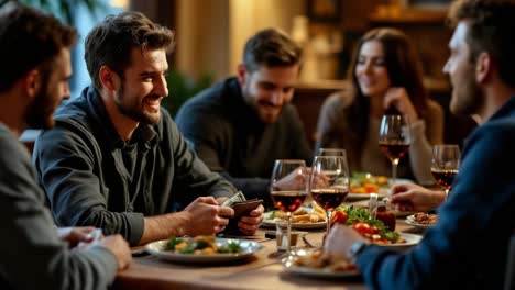 friends enjoying a social dinner and conversation at a restaurant